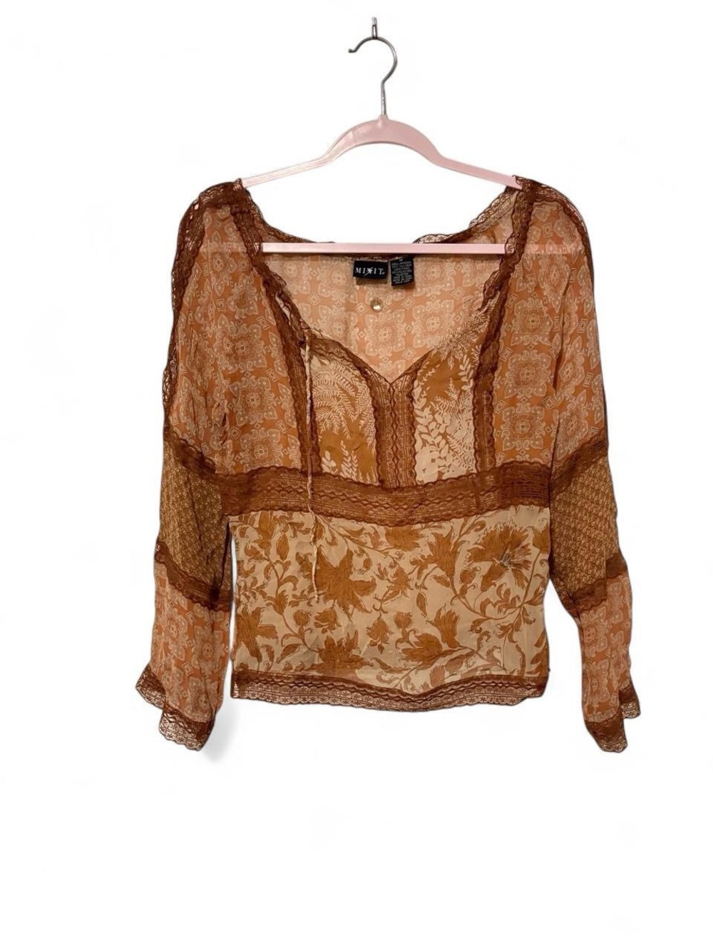 Cute boho mixed patterns sheer top size med